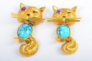 Pair 18K Turquoise Cat Pin