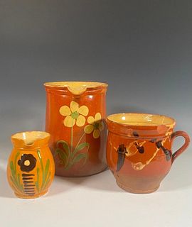 Three Antique French Jaspe Pottery Pitchers