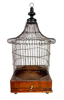 Antique English Mahogany, Marquetry and Wirework Bird Cage