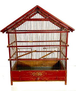 Red Painted and Wirework Bird Cage
