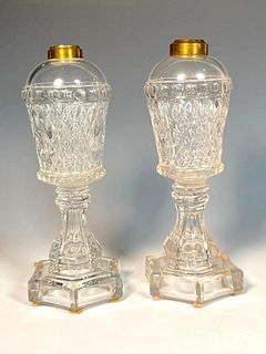 Near Pair of Sandwich Glass Whale Oil Lamps, c.1850