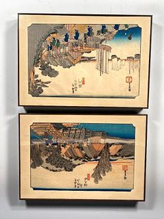 Utagawa Hiroshige, Two Prints from 53 Stations of the Tokaido