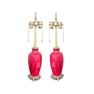 Pair Of Art Deco Ruby Art Glass Table Lamps