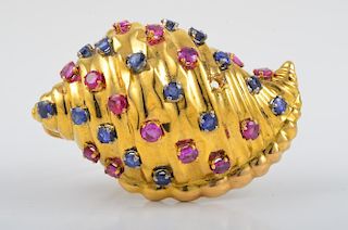 Gold Sapphire Ruby Shell Shap Pin