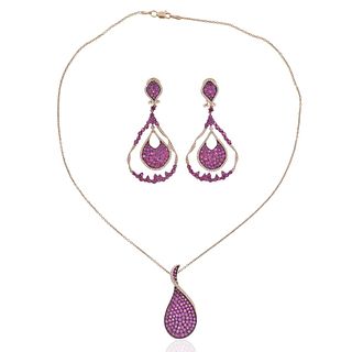 18k Gold Pink Sapphire Diamond Earrings Necklace Set
