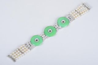 Deco Platinum Jade Pearl Diamond Bracelet