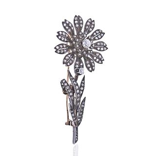 Antique Gold Silver Diamond Flower Brooch Pin
