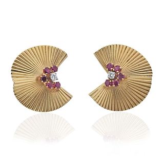 Tiffany & Co 14k Gold Retro Ruby Diamond Earrings