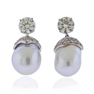 3.60ctw Diamond South Sea Baroque Pearl 14k Gold Earrings