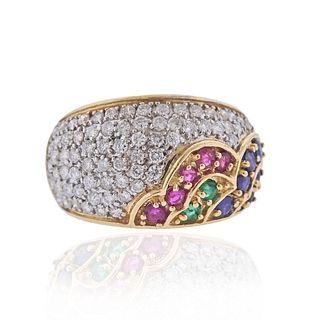 14k Gold Diamond Sapphire Emerald Ruby Cocktail Ring
