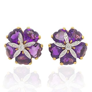 Amethyst Diamond 18k Gold Flower Earrings