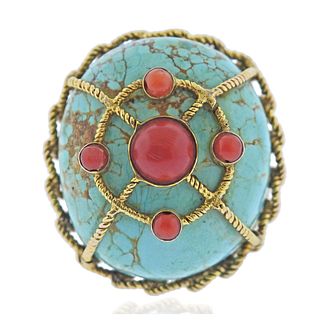 14k Gold Turquoise Coral Large Cocktail Ring