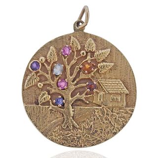 Retro 14k Gold Gemstone Tree Pendant Medallion