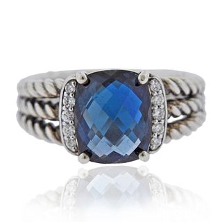 David Yurman Silver Diamond Blue Topaz Wheaton Ring