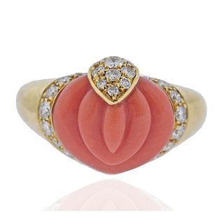 18k Gold Diamond Carved Coral Ring
