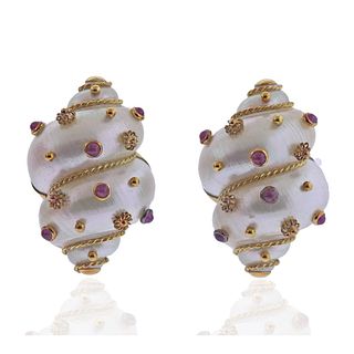 Maz 18k Gold Shell Ruby Earrings