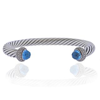 David Yurman Silver Blue Topaz Diamond Cable Bracelet