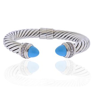 David Yurman Silver Diamond Turquoise Cable Bracelet