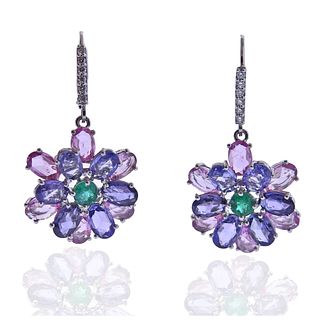18k Gold Diamond Sapphire Emerald Flower Earrings