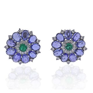 18k Gold Diamond Sapphire Emerald Earrings