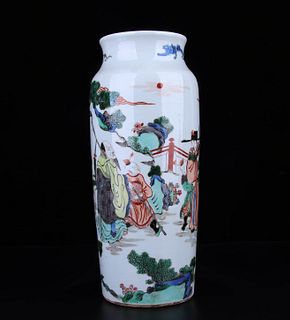 Wucai Glaze Figure Rouleau Vase
