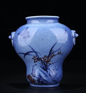 Blue Glaze And Copper Red Glaze Floral Wall Vase