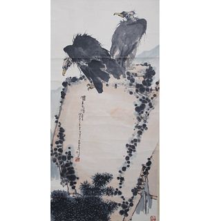 Pan Tianshou, Chinese Eagle Painting Paper Scroll