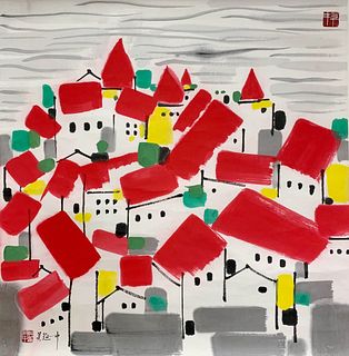 Wu Guanzhong, Chinese Red House Painting Paper Scroll
