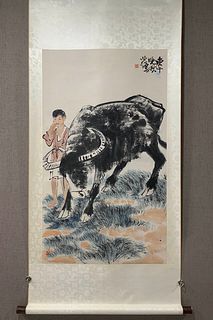 Xu Beihong, Chinese Bull And Figure Painting Paper Scroll