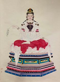 Wang Meifang, Chinese Guanyin Painting Silk Scroll