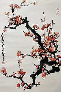 Dong Shouping, Chinese Prunus Painting Paper Scroll