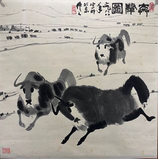 Wu Zuoren, Chinese Bull Painting Paper Scroll