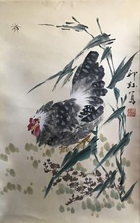 Xiao Lang, Chinese Rooster Painting Paper Scroll