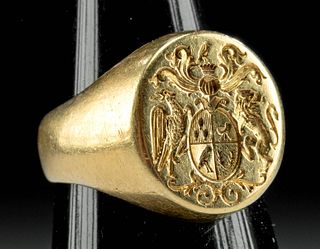 20th C. Italian Gold Signet Ring w/ Coat of Arms