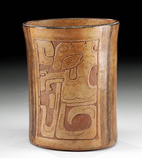 Maya Pottery Cylinder Vessel w/ Relief Glyphs