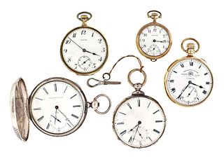 A lot of five pocket watches, one in gold