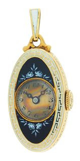 A very attractive gold and enamel pendant watch
