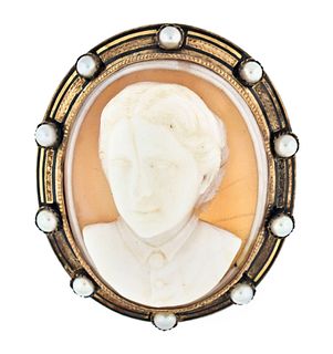 A mid 19th century high relief portrait cameo brooch with enamelled gold setting and pearls