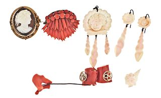 A lot of Victorian coral jewelry and a reversible cameo