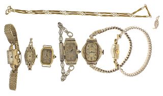 A lot of six lady's gold and platinum wrist watches