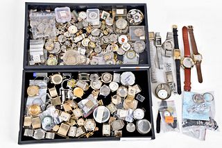 A lot of wrist watch movements, parts, and cases
