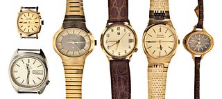 A lot of six Bulova Accutron wrist watches including one in 14 karat gold