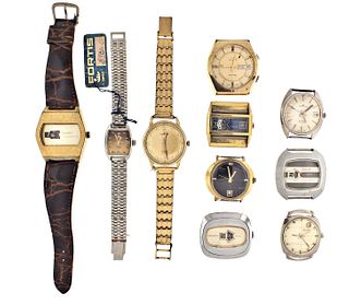 A lot of ten wrist watches including four with jumping hour digital displays