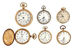 A lot of six American pocket watches including one with multi color gold ornament