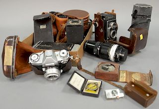 Two box lots to include Zeiss Ikon Contaflex Synchro-Compur camera, Nikon Nikkor-Q Auto 200mm f/4 lens, tripod, photoscop, Leitz Lei...
