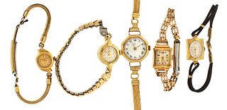 A lot of five Lady's gold wrist watches