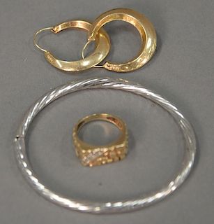 14K gold group to include white gold bracelet, ring with diamond, and pair of earrings. 12.3 grams.