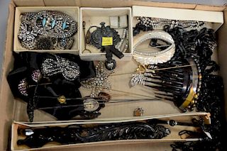 Box lot including hat pins, hair combs, glasses, beaded tassel, necklace/waistbelt locket.