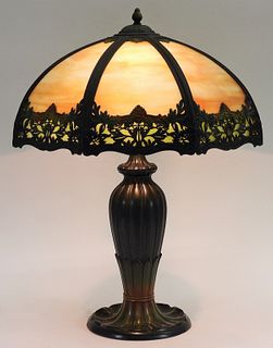 American Cold Painted 16 Panel Slag Glass Lamp