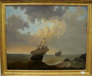 Oil on canvas ships in stormy sea, 19th century, unsigned, restretched and relined. 26" x 33"